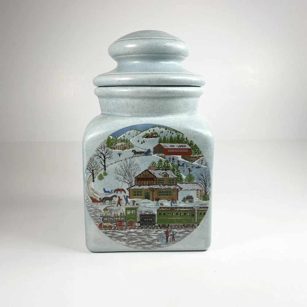 Vintage Ceramic Pale Blue Spackle Lidded Cookie Jar  Winter Small Town Picture
